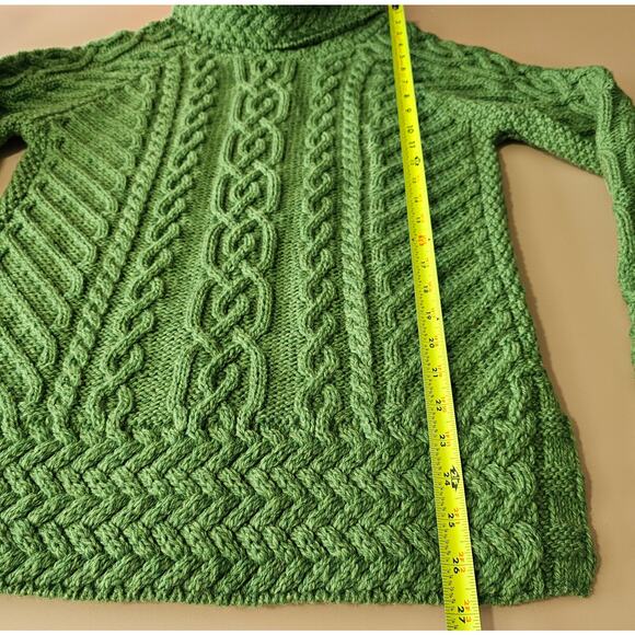 NWT SAOL Green Aran Fisherman Merino Wool Cowl Funnel Neck Cable Knit Sweater S - Picture 6 of 10